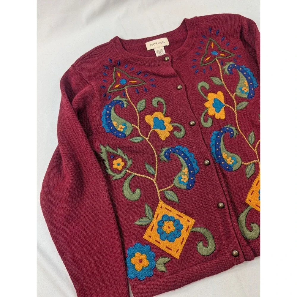 Bechamel Maroon Cotton Blend Cardigan Sweater Embroidered Shoulder Pads‎ Small